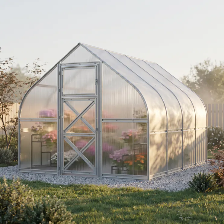 10x13-ft-steel-curved-eave-gable-roof-greenhouse-scene-1