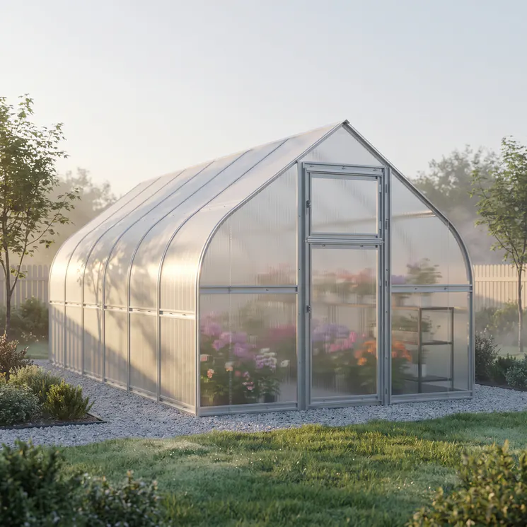 10x20-ft-steel-curved-eave-gable-roof-greenhouse-scene-1