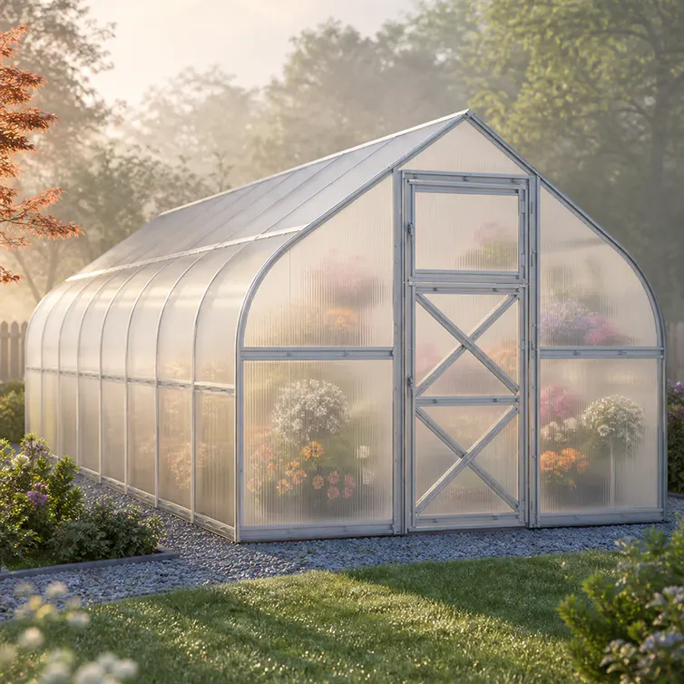 10x26-ft-steel-curved-eave-gable-roof-greenhouse-scene-2
