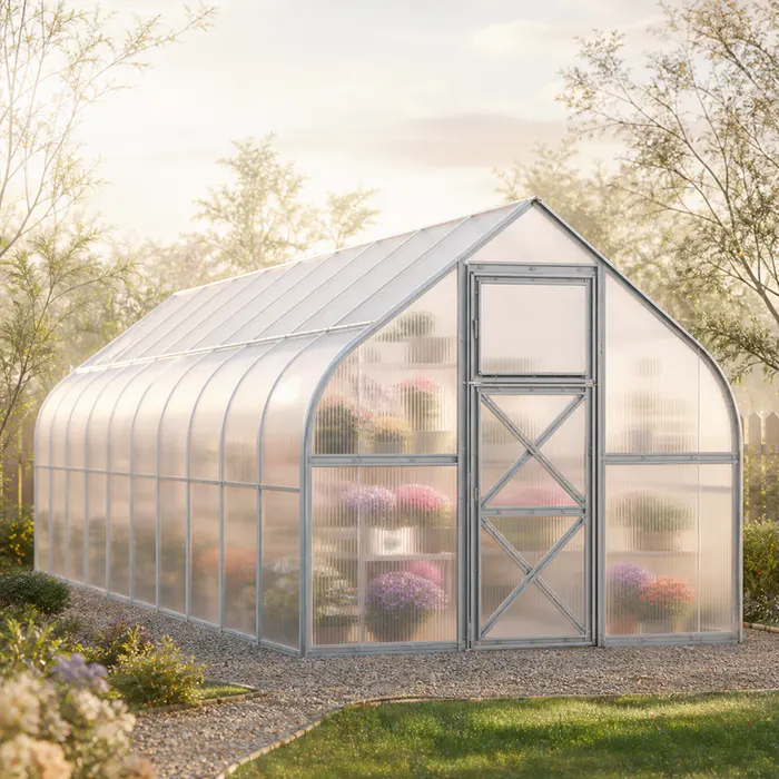 10x33-ft-steel-curved-eave-gable-roof-greenhouse-scene-1