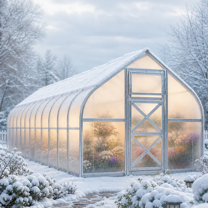10x40-ft-steel-curved-eave-gable-roof-greenhouse-scene-1