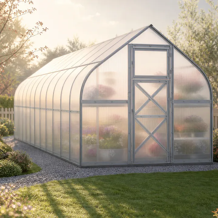 10x40-ft-steel-curved-eave-gable-roof-greenhouse-scene-2